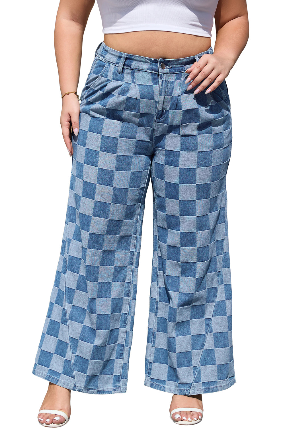 Dusk Blue Plus Size Checkered Seamed High Waist Wide Leg Jeans