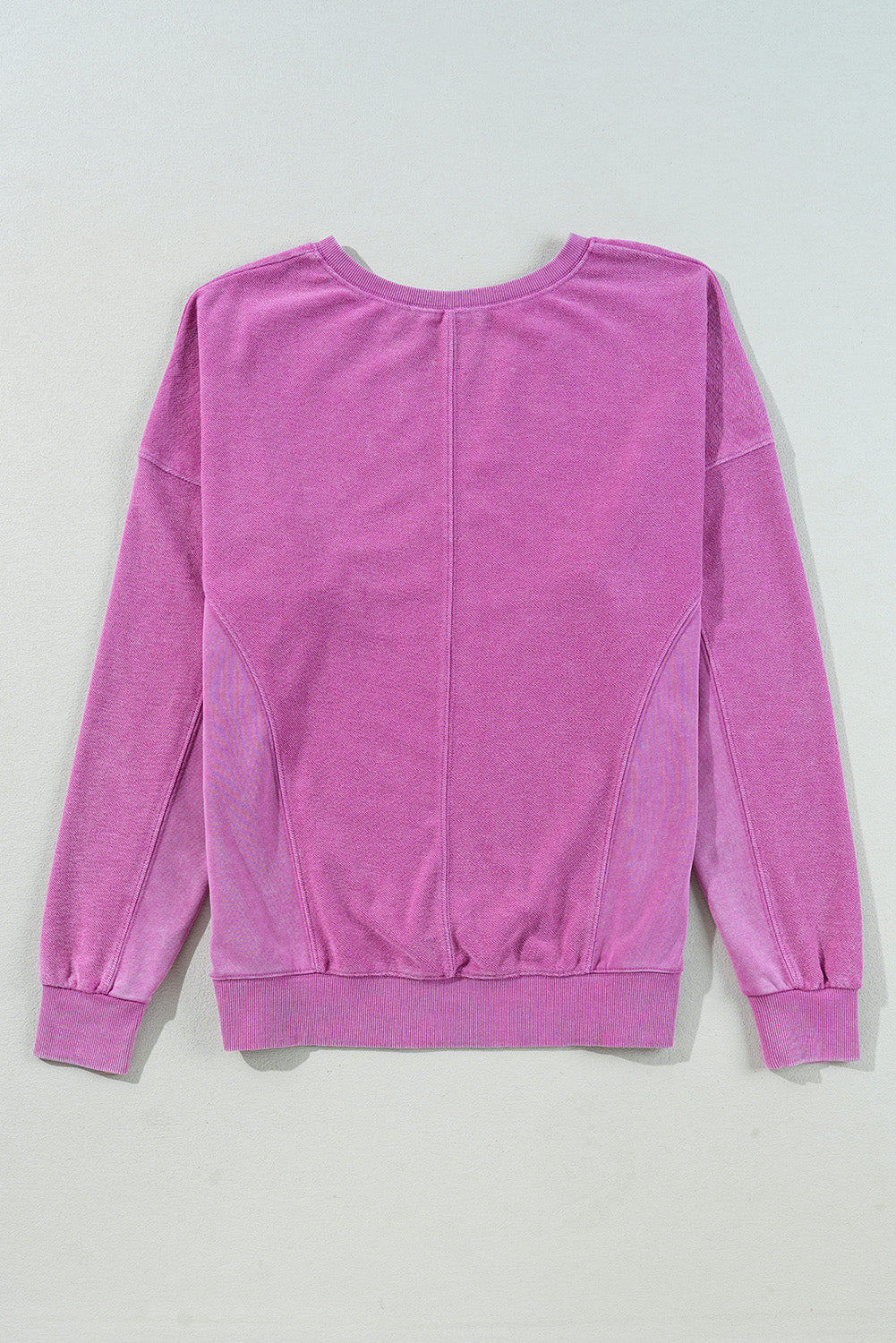 Bright Pink Solid Color Notched Neck Drop Shoulder Sweatshirt