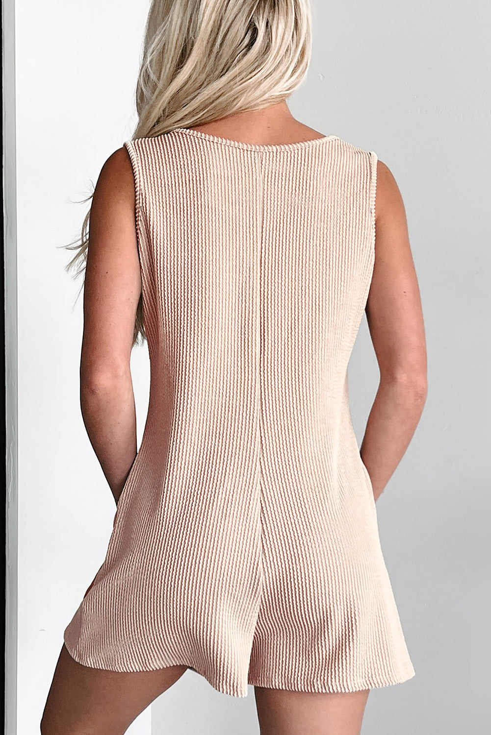 Parchment Corded Knit Side Pockets Buttoned Sleeveless Romper