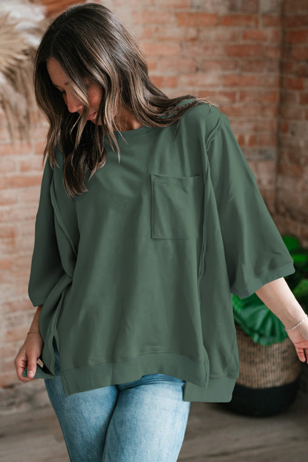 Laurel Green Exposed Seam Chest Pocket Split Loose T Shirt