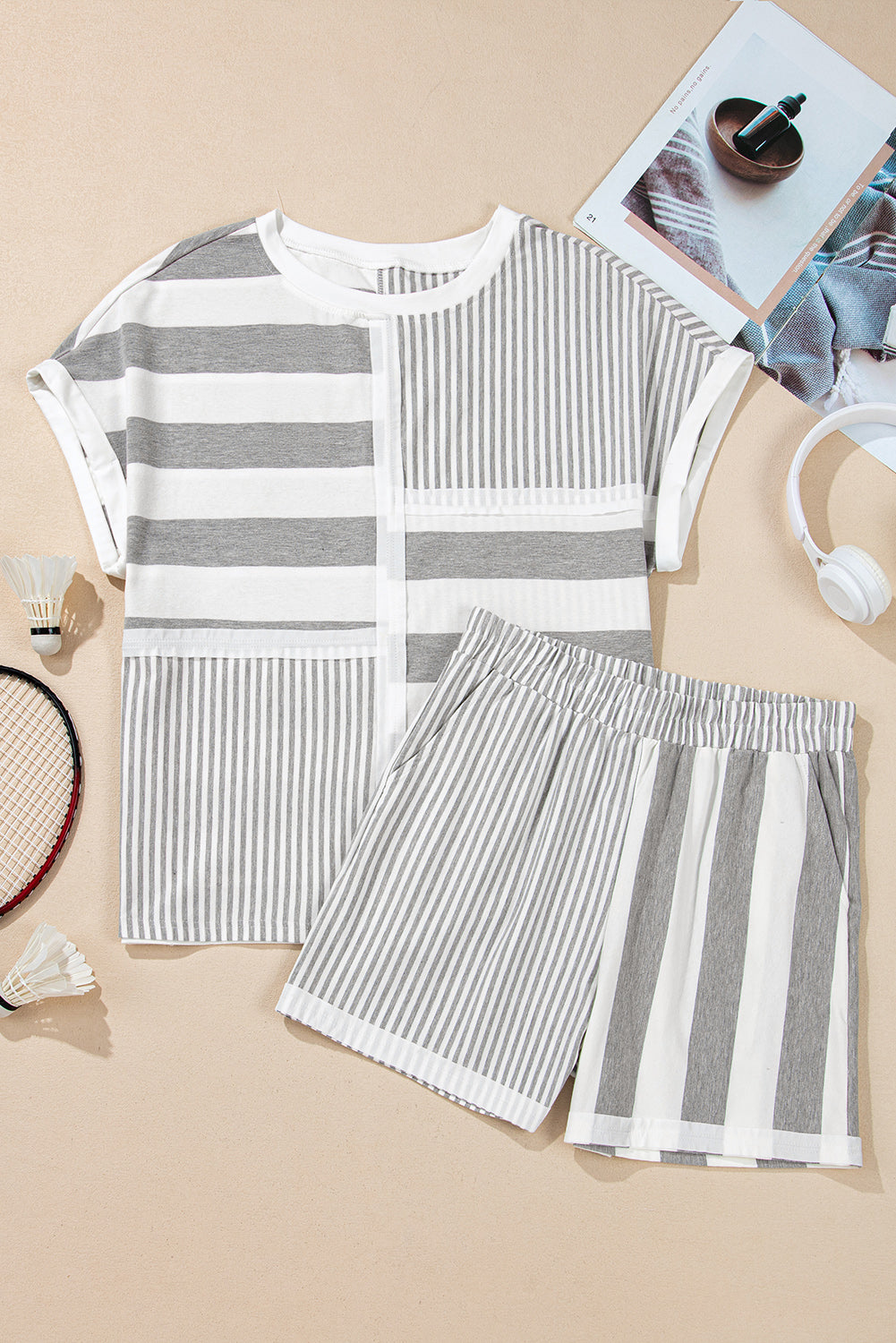 Gray Stripe Mixed Print Short Sleeve Top and Pocketed Shorts Set