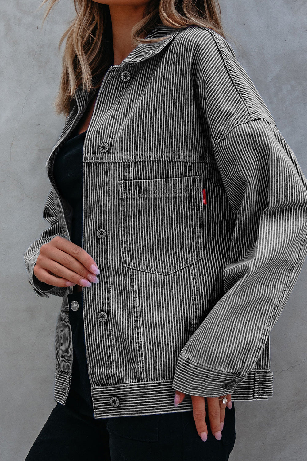 Blue Stripe Washed Oversize Pocketed Denim Jacket