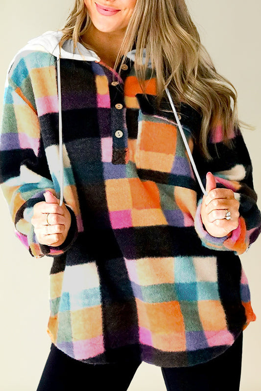 Multicolour Plaid Color Block Flap Pocket Buttoned Hoodie