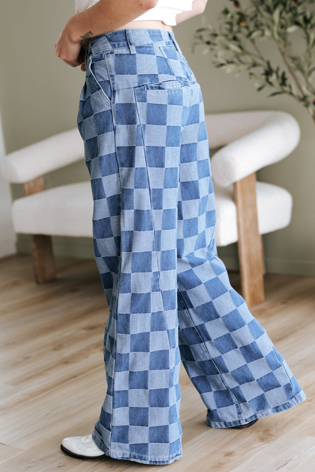 Dusk Blue Checkered Denim Wide Leg Jeans