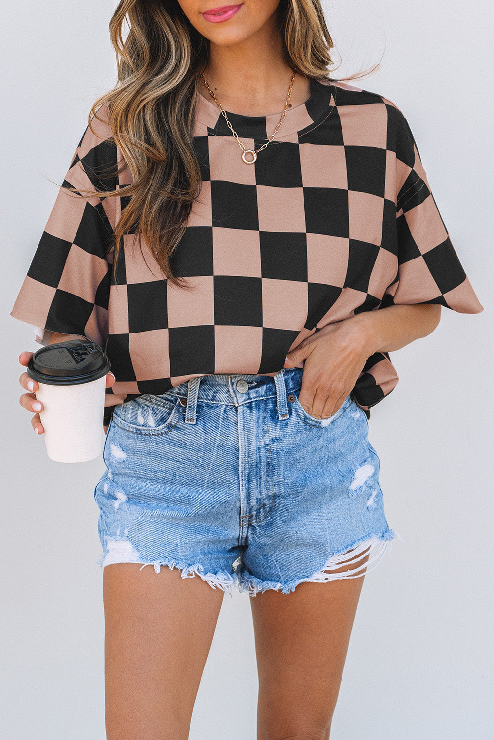 Light French Beige Checkmate Boyfriend Casual Tee