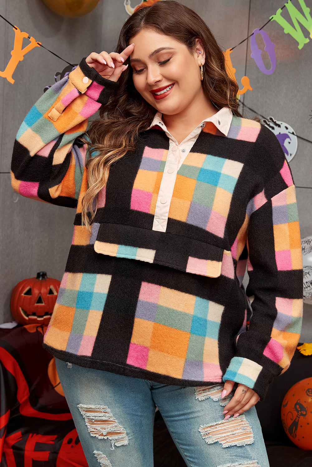 Black Plus Size Checkered Print Sherpa Henley Sweatshirt