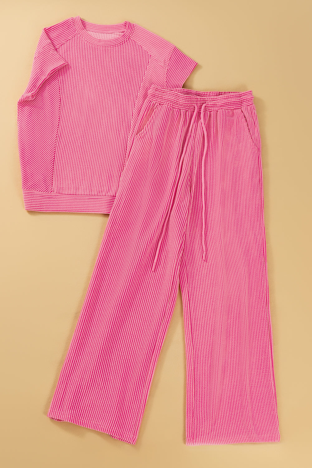 Bright Pink Solid Corded Knit Short Sleeve T Shirt and Wide Leg Pants Set