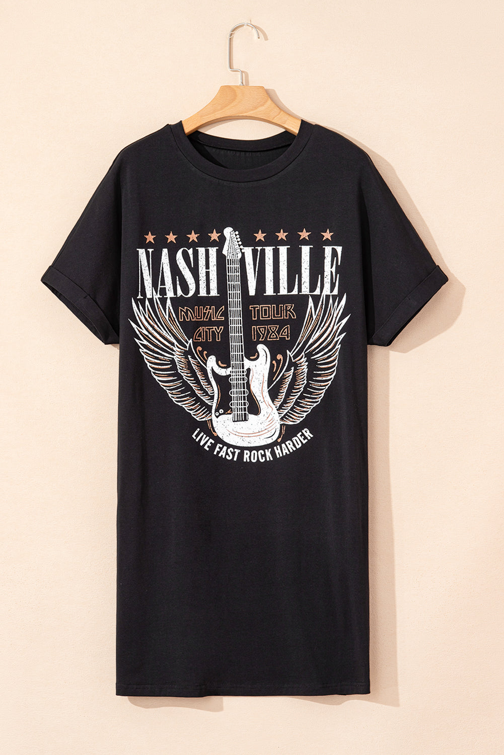 Black Nashville Guitar Print Crew Neck T Shirt Mini Dress