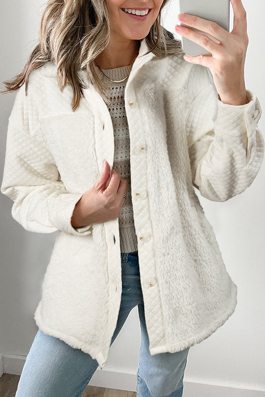 White Solid Color Quilted Sherpa Patchwork Button Up Shacket