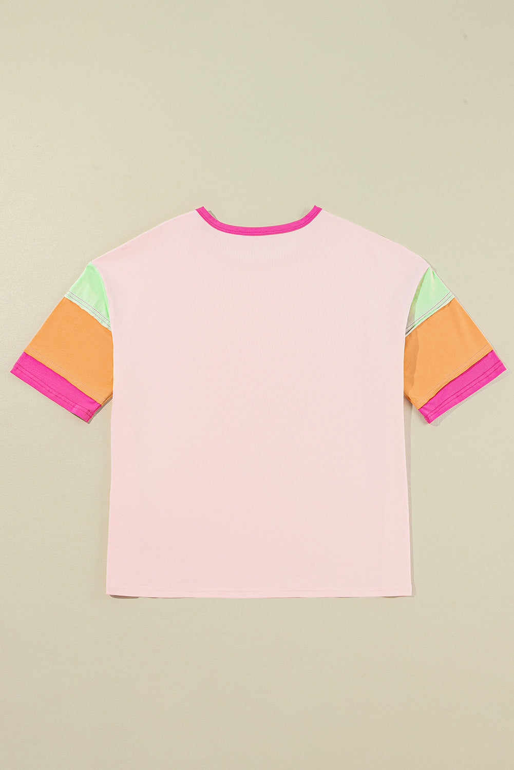 Pink Color Block Stitching Sleeve Round Neck Oversize Top