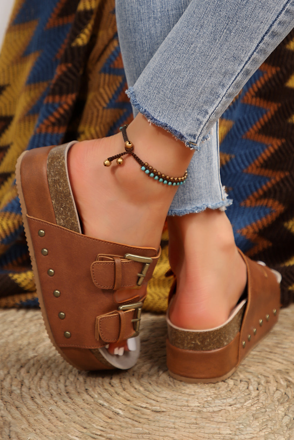 Chestnut Dual Buckle Studded Platform Sandal Slippers