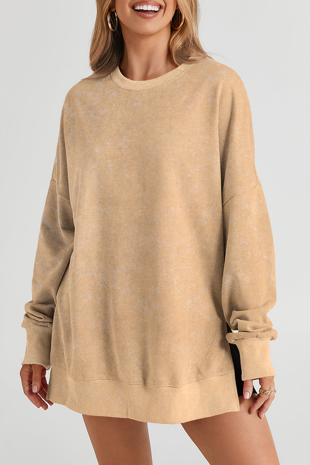 Khaki Drop Shoulder Ribbed Trim Oversized Sweatshirt