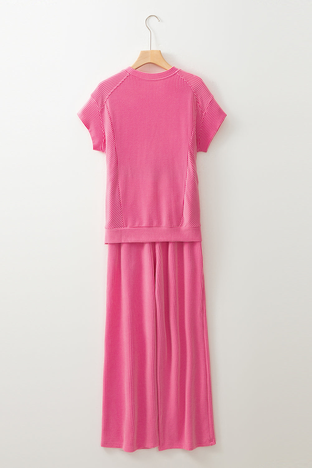 Bright Pink Solid Corded Knit Short Sleeve T Shirt and Wide Leg Pants Set