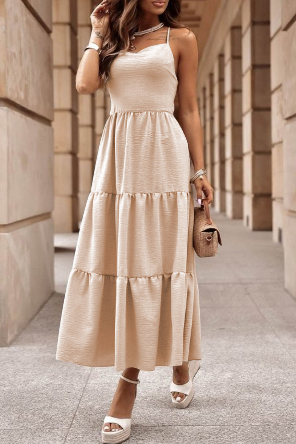 Oatmeal Crossover Backless Bodice Tiered Maxi Dress