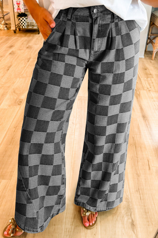 Dark Grey Checkered Denim Wide Leg Jeans