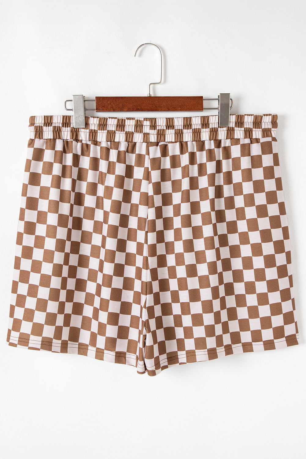 Brown Plus Size Checkerboard Print Side Slim Tee Shorts Set