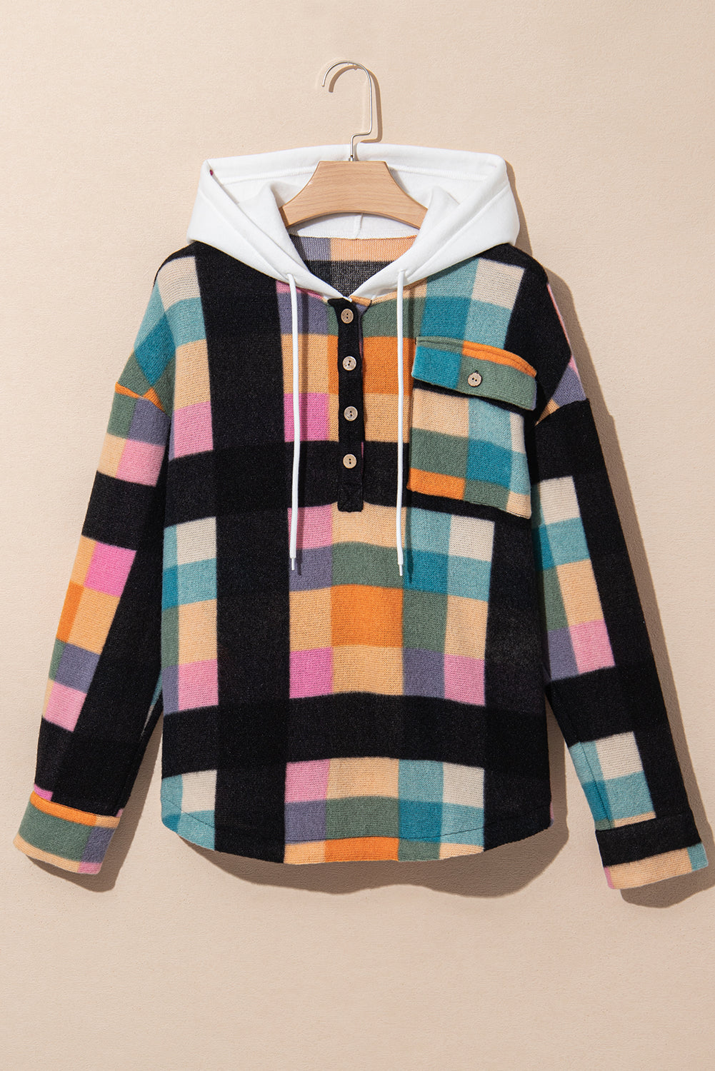 Multicolour Plaid Color Block Flap Pocket Buttoned Hoodie