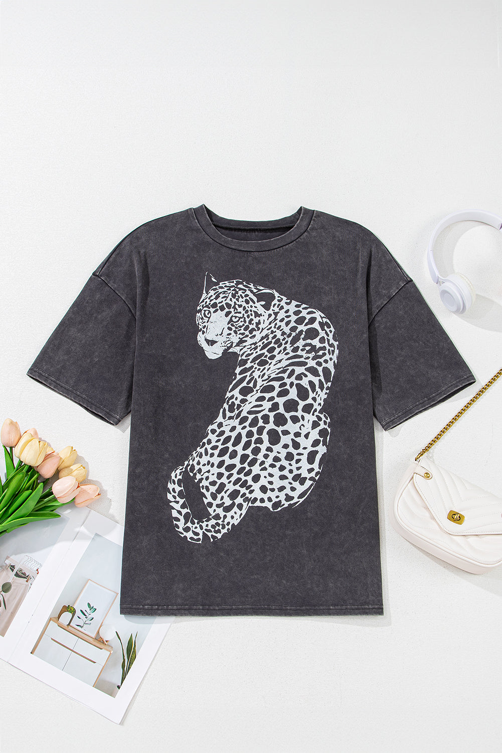 Medium Grey Vintage Cheetah Printed Mineral Wash Graphic Tee