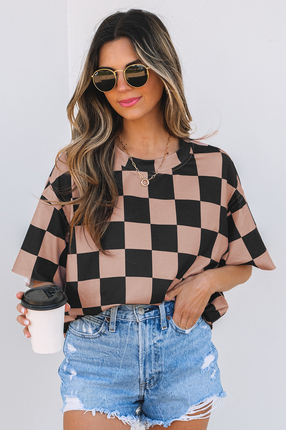 Light French Beige Checkmate Boyfriend Casual Tee