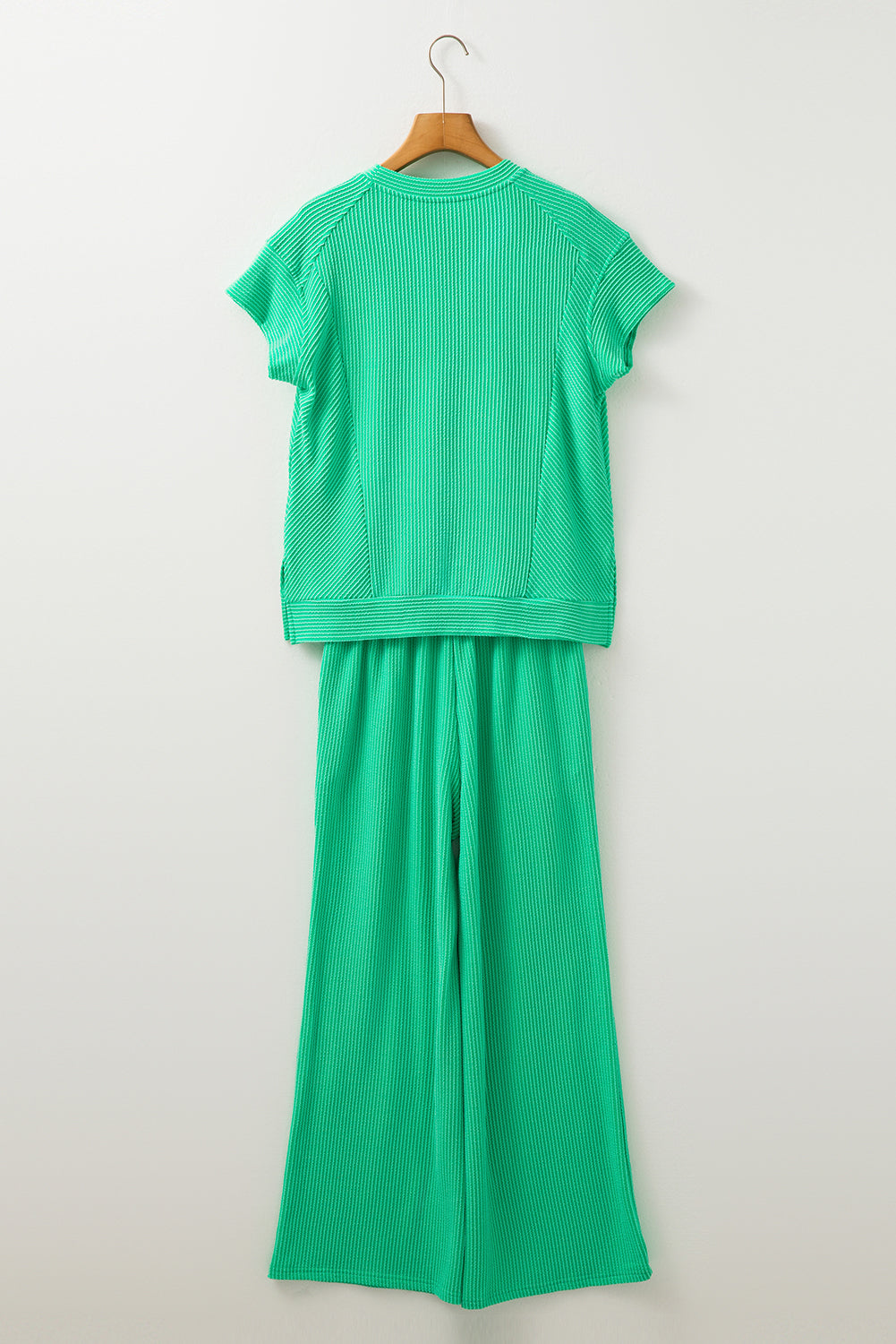 Bright Green Solid Corded Knit Short Sleeve T Shirt and Wide Leg Pants Set