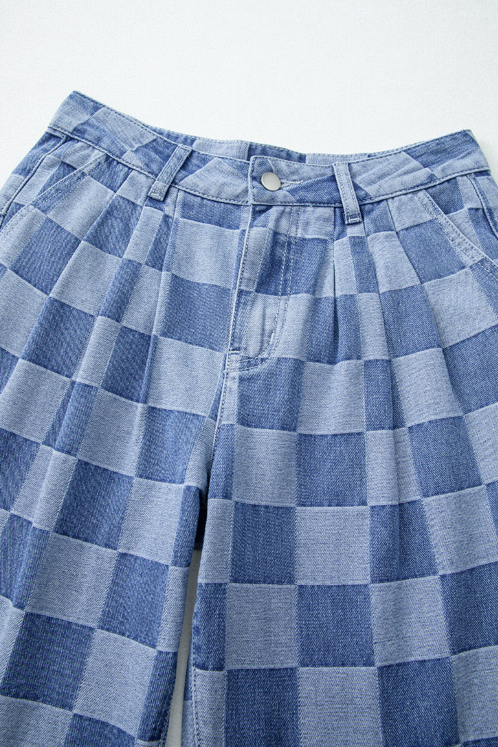 Dusk Blue Checkered Denim Wide Leg Jeans