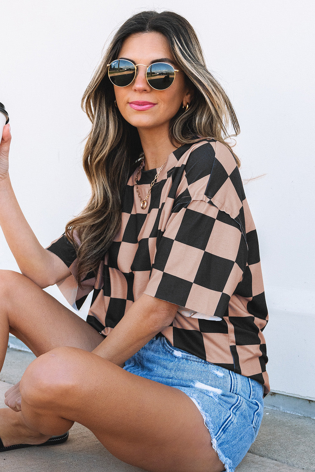 Light French Beige Checkmate Boyfriend Casual Tee