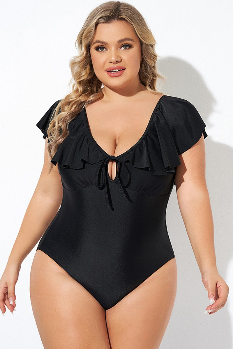 Black Ruffled Sleeve Lace-up V Neck Plus Size One Piece Swimsuit