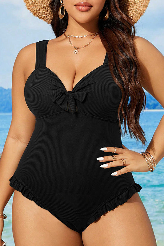 Black Plus Size Textured Knotted Ruffled Trim One Piece Swimwear