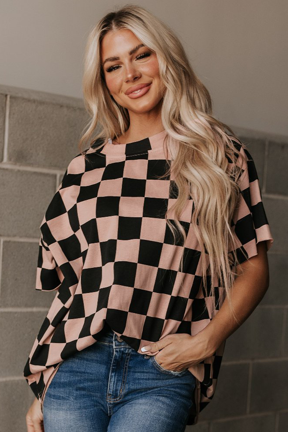 Light French Beige Checkmate Boyfriend Casual Tee