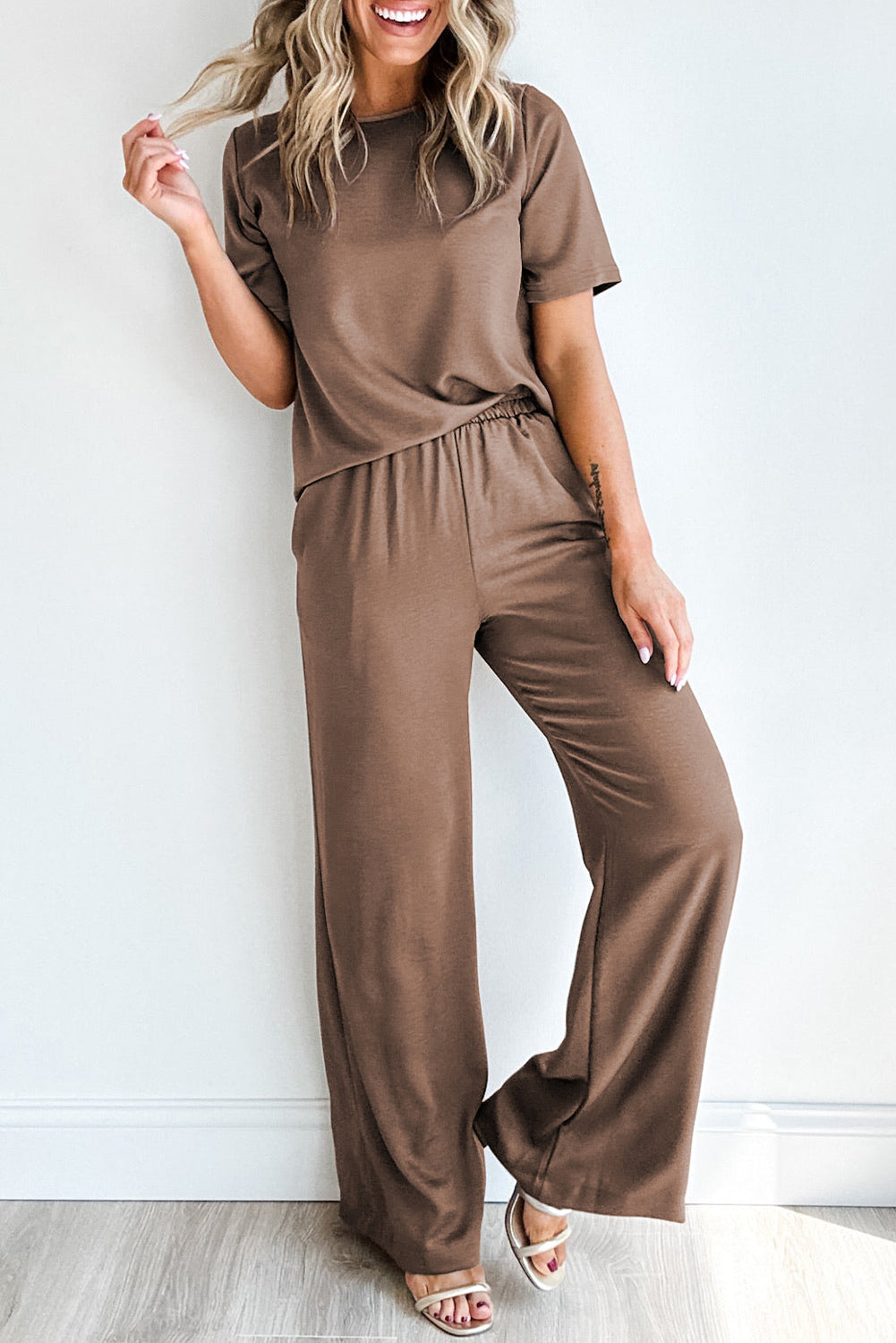 Smoke Gray Solid Color T Shirt 2pcs Wide Leg Pants Set