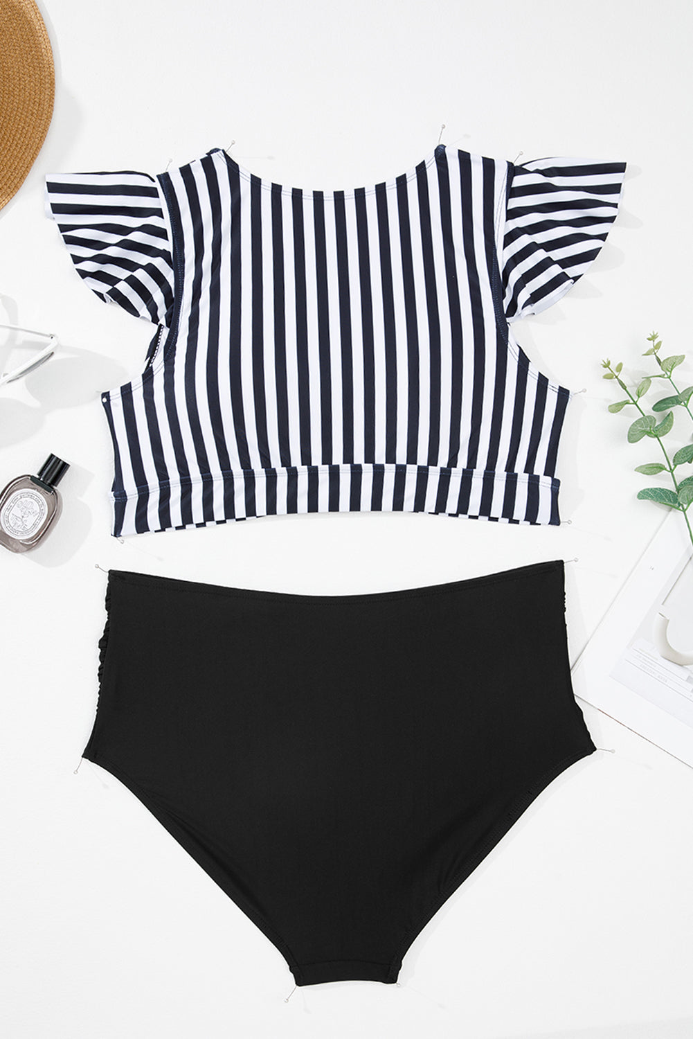 Black Stripe Plus Size Knot Cutout Ruffle Sleeve and High Waisted 2pcs Swimsuit