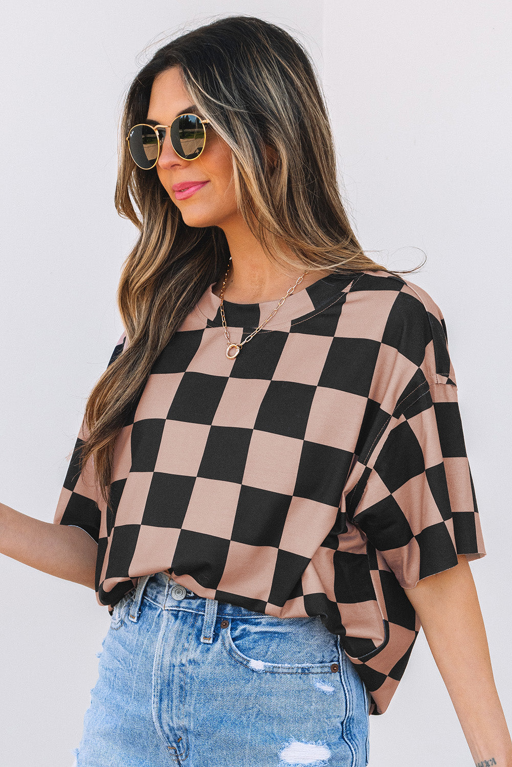 Light French Beige Checkmate Boyfriend Casual Tee