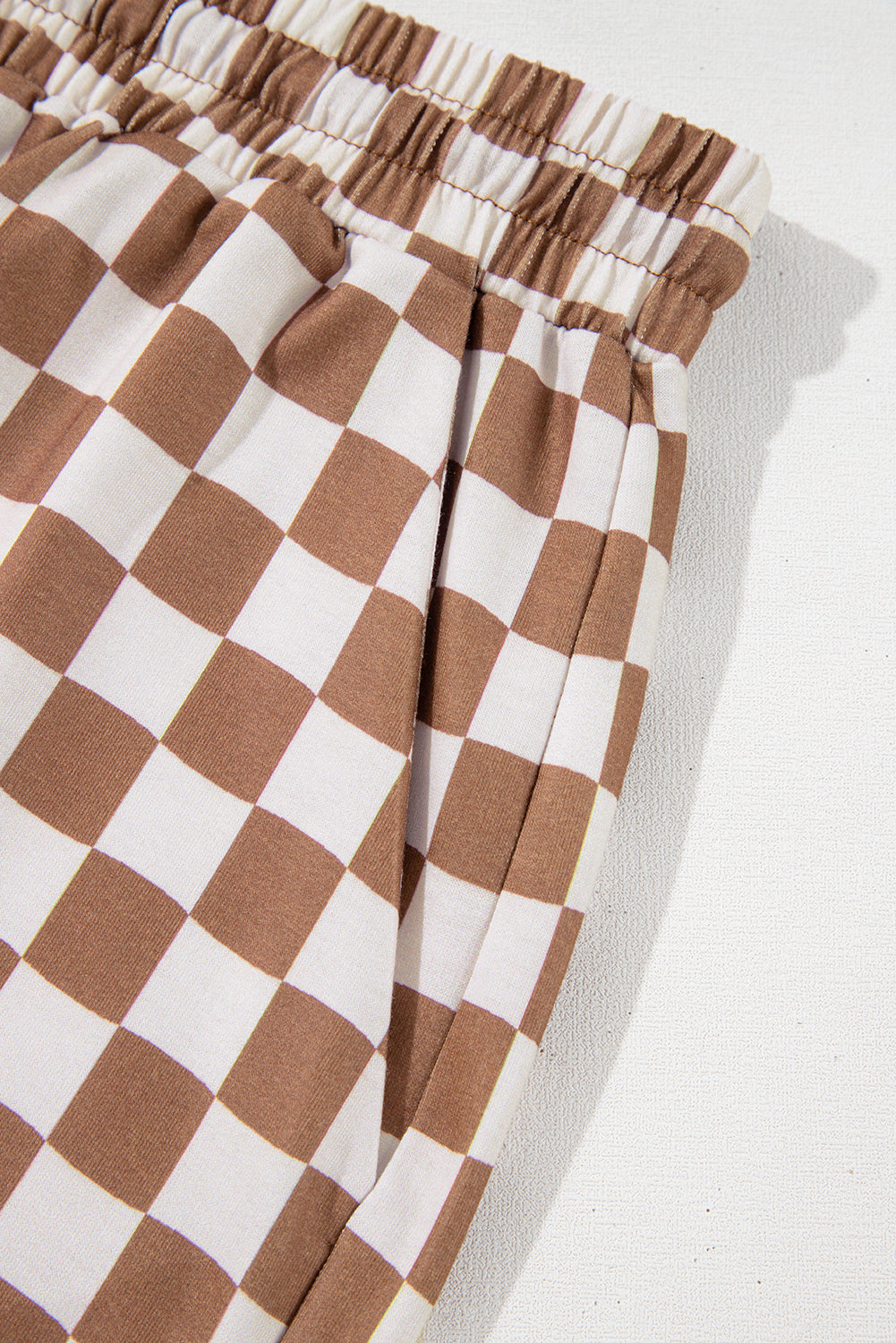 Brown Plus Size Checkerboard Print Side Slim Tee Shorts Set