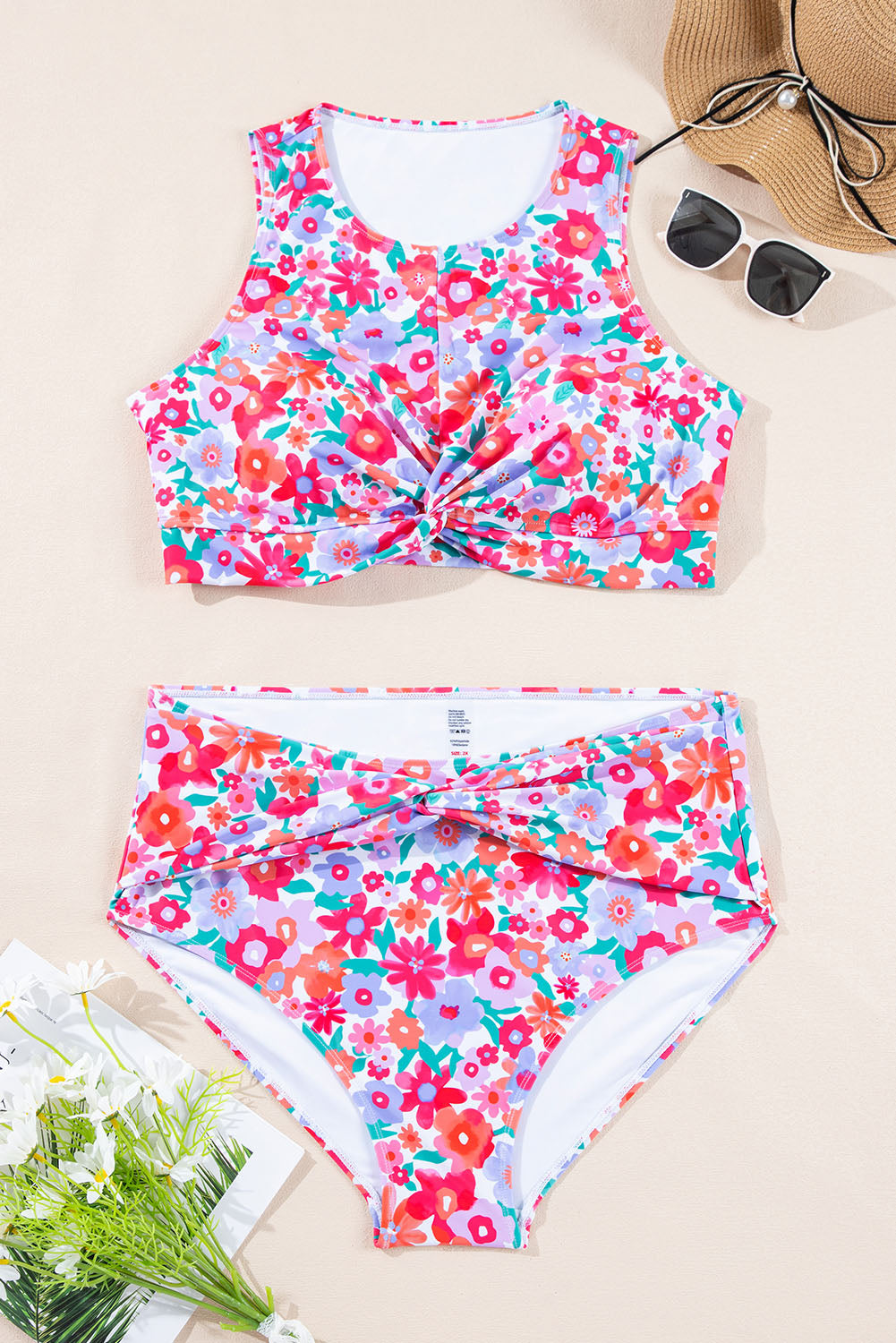 Rose Plus Size Floral Print Twisted High Waist Bikini Set