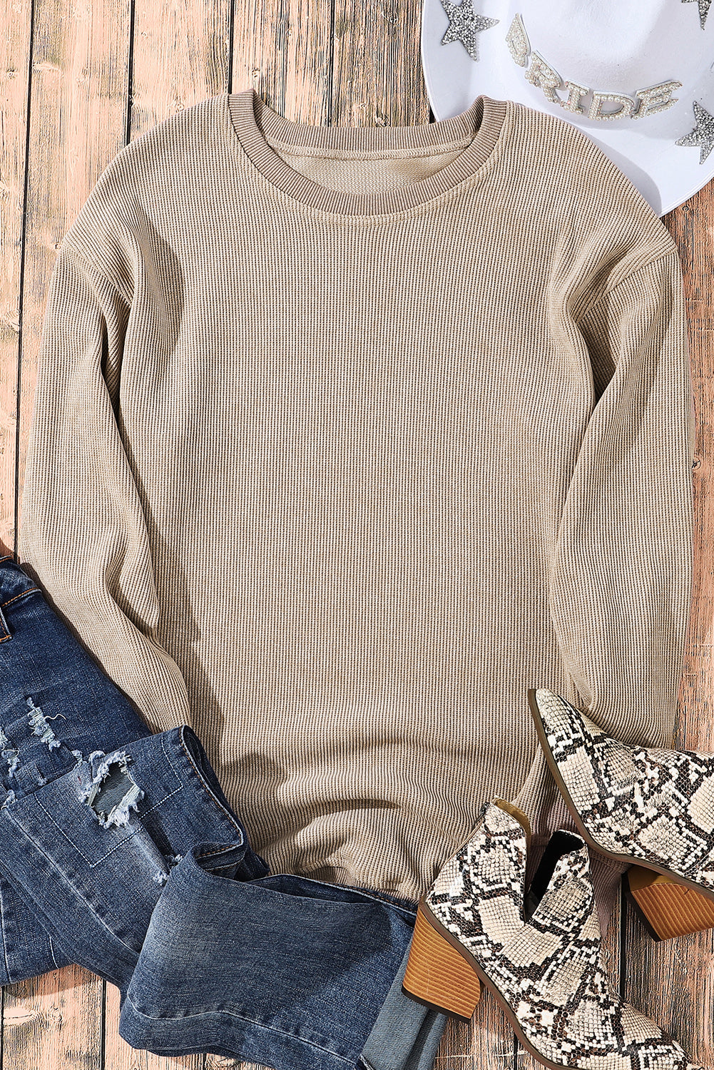 Khaki Solid Ribbed Knit Round Neck Pullover Sweatshirt