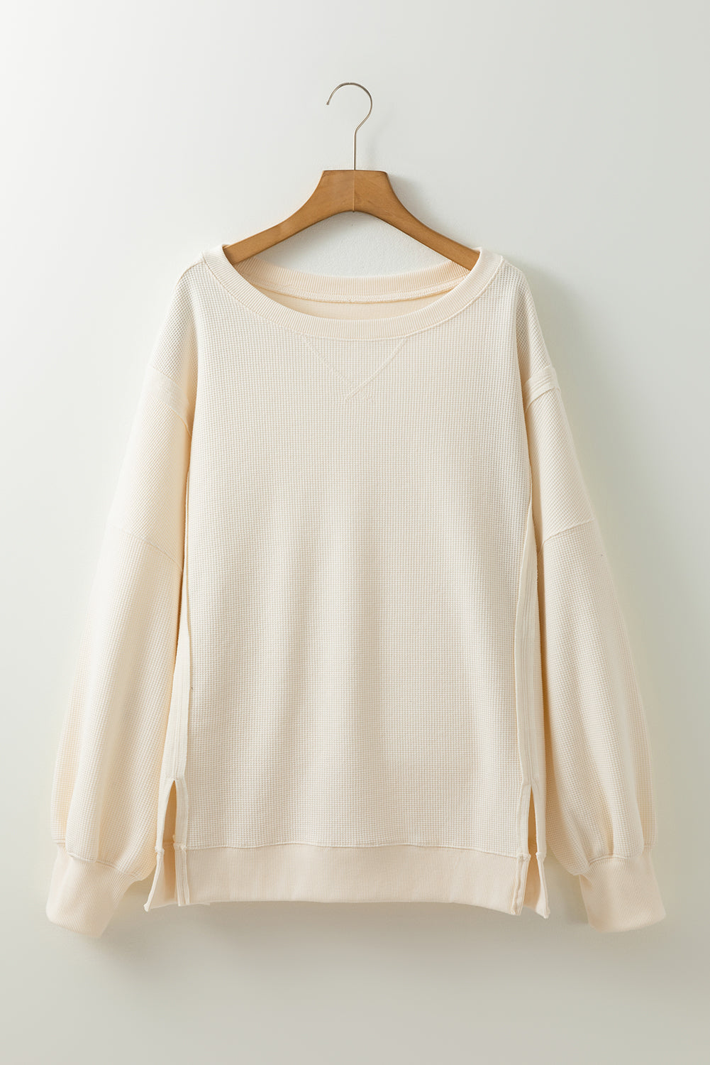 White Solid Color Waffle Knit Drop Shoulder Plus Size Sweatshirt