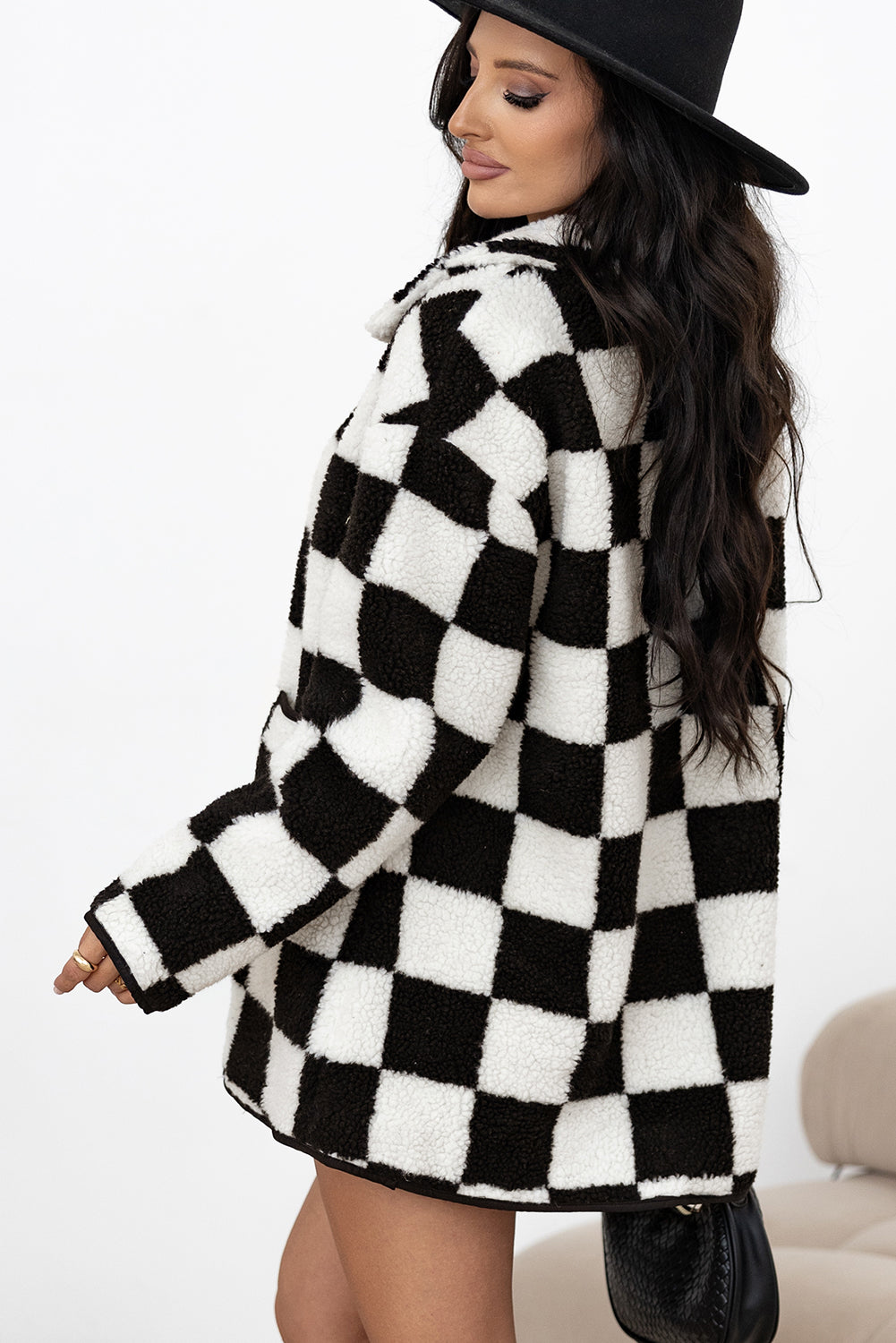 Black Checkered Side Pockets Collared Buttoned Fleece Jacket