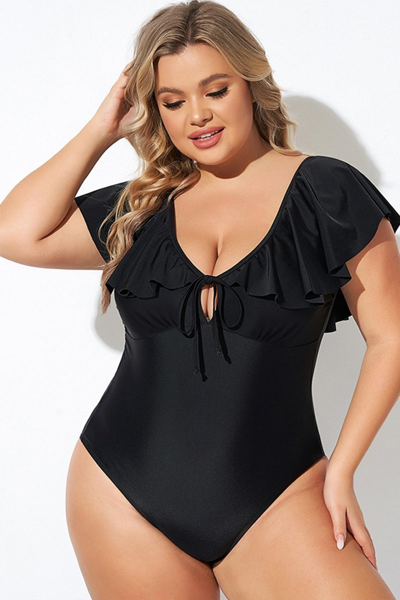 Black Ruffled Sleeve Lace-up V Neck Plus Size One Piece Swimsuit