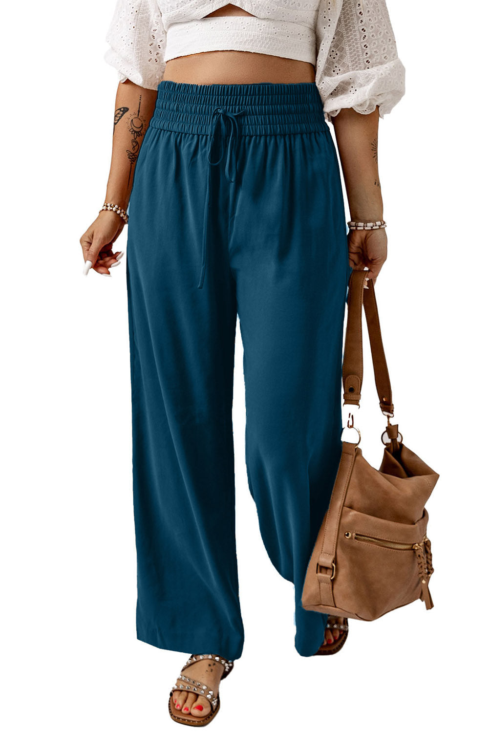 Blue Drawstring Elastic Waist Casual Wide Leg Pants