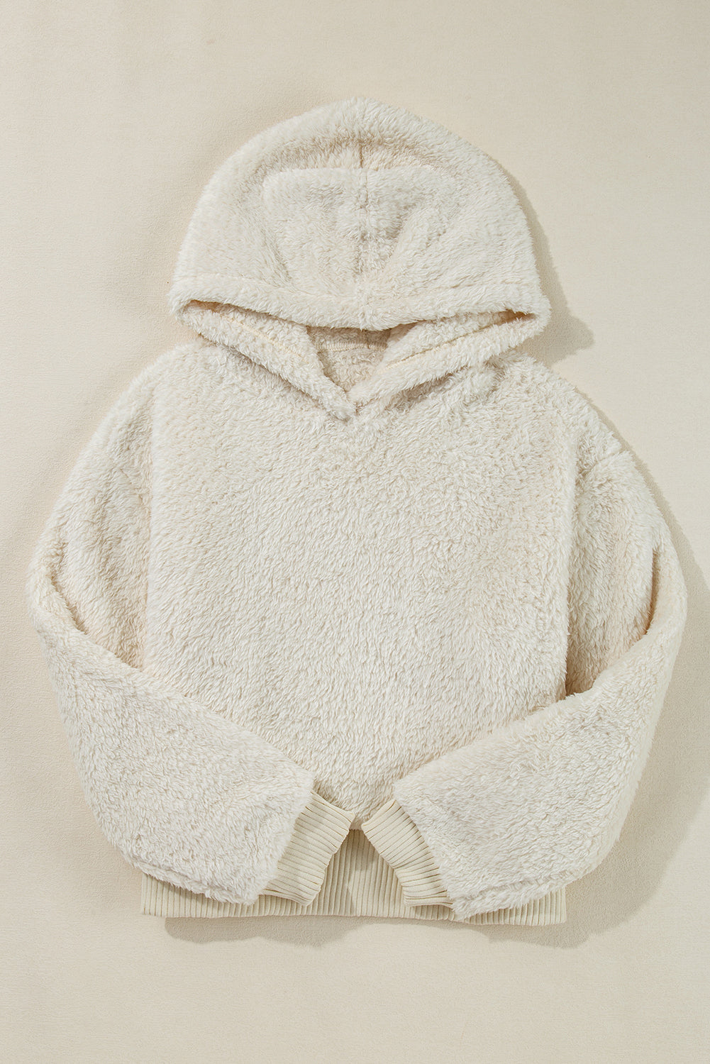 White Contrast Ribbed Edge Plush Hoodie