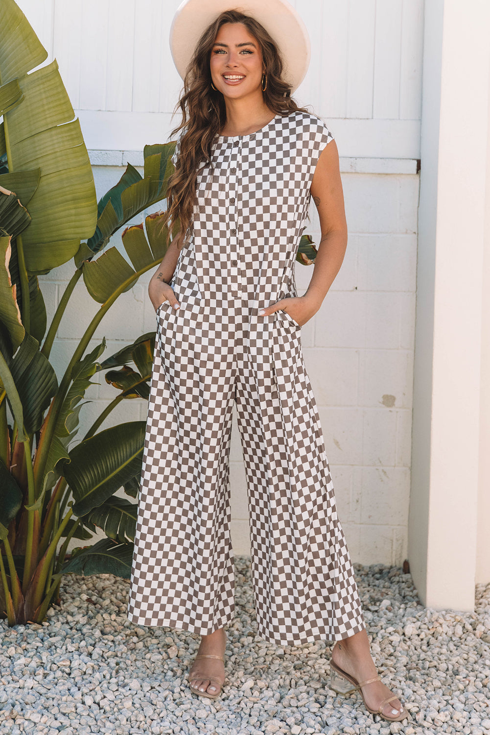 Khaki Checkered Print Buttoned Crew Neck Wide Leg Jumpsuit