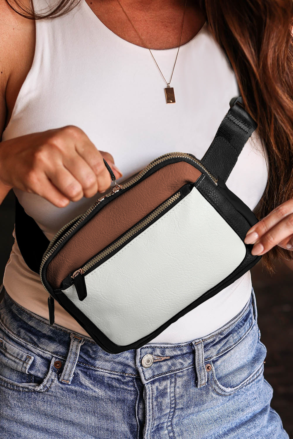 White Leather Colorblock Zipped Removable Clip Crossbody Bag